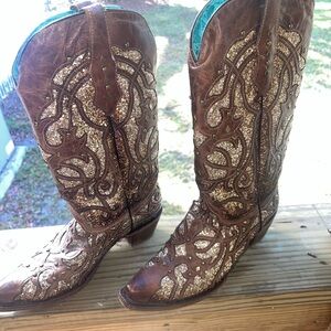 Elegant Brown and Gold Embellished Heeled Boots (corral brand)
